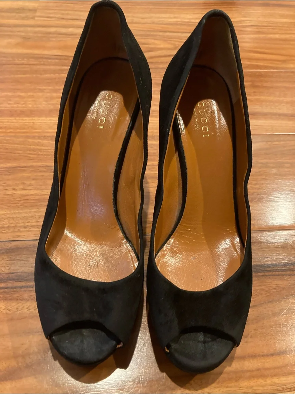 GUCCI Black Suede Peep Toe Platform Heels Pumps Shoes 37 Eur